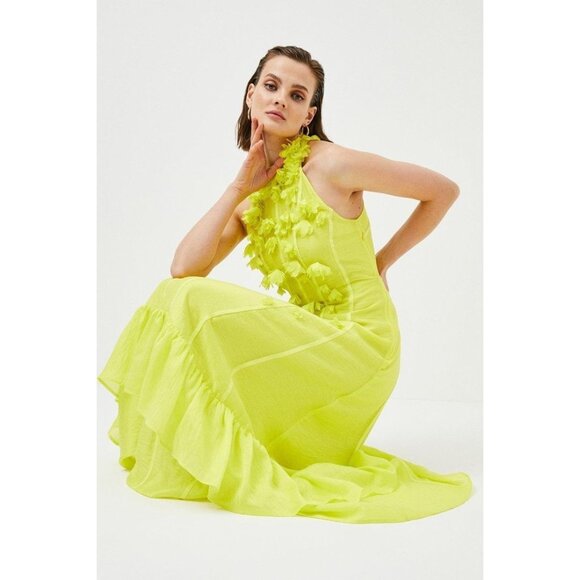 Karen Millen Citrine Yellow Linen-Blend Rosette Maxi Dress - Picture 1 of 11